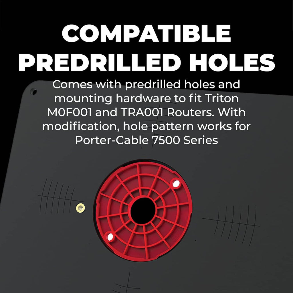 Black router insert plate showing compatibility pattern with red mounting hub and screws