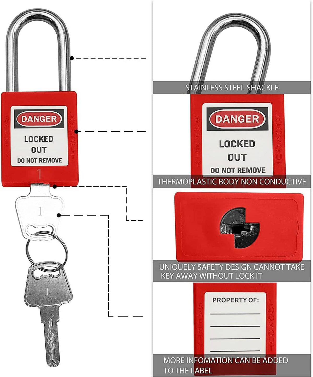Red lockout padlock showing Danger Locked Out label with stainless shackle and two keys