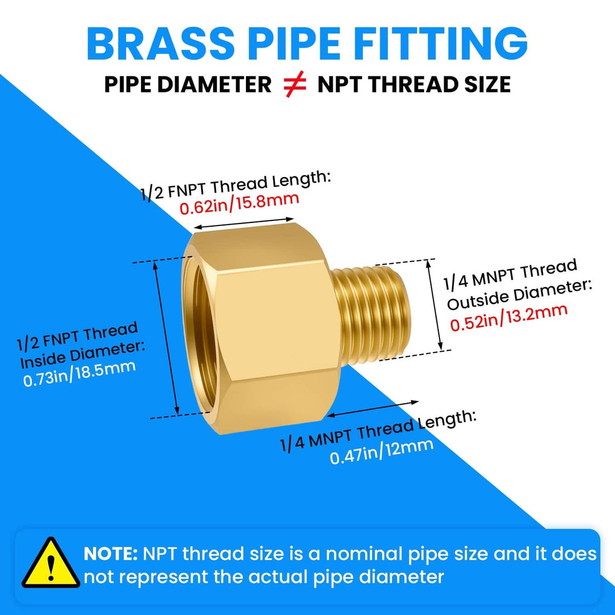 Brass pipe fitting diagram with hex body showing NPT thread size and lengths