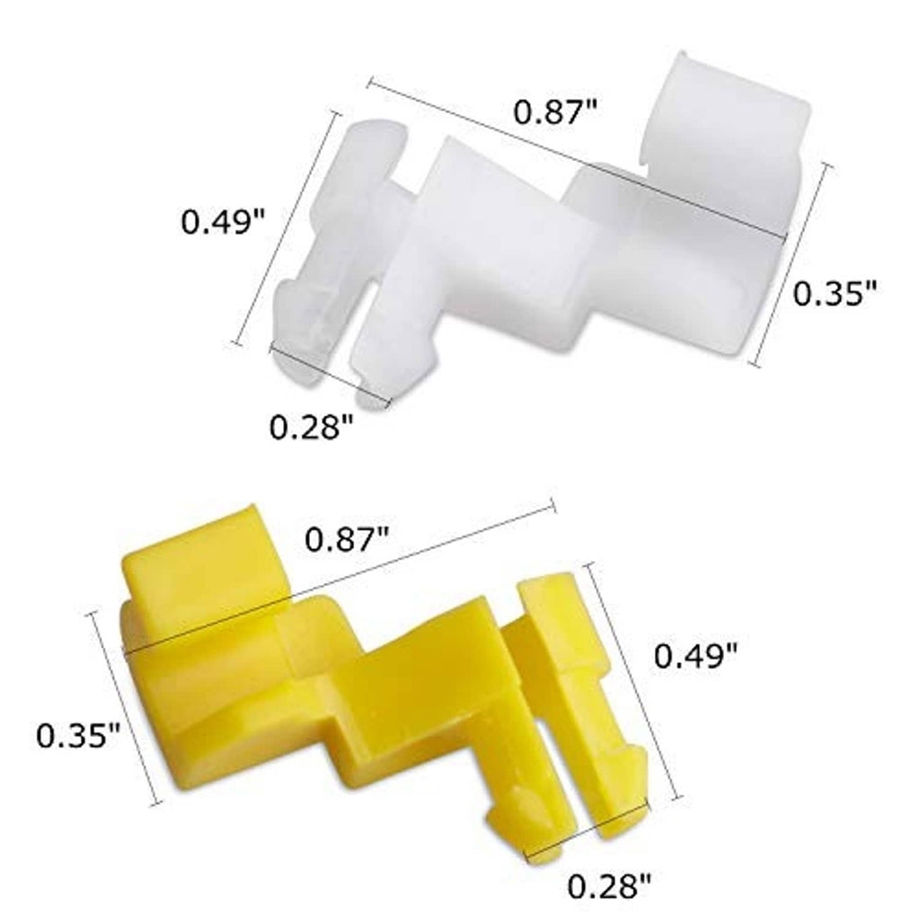 Plastic door lock rod clip, yellow and white with size measurements