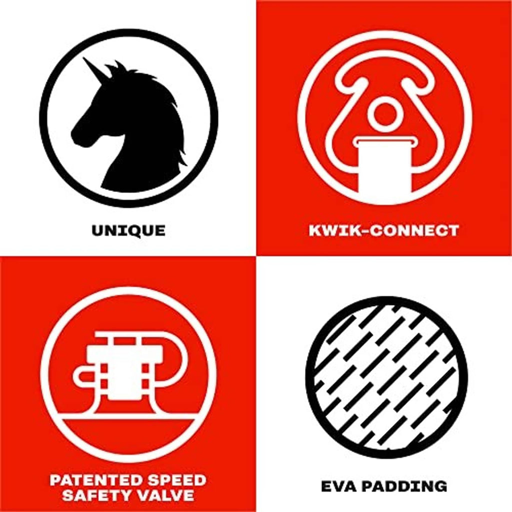 Towable tube feature icons: Unique, Kwik-Connect, Patented speed safety valve, EVA padding
