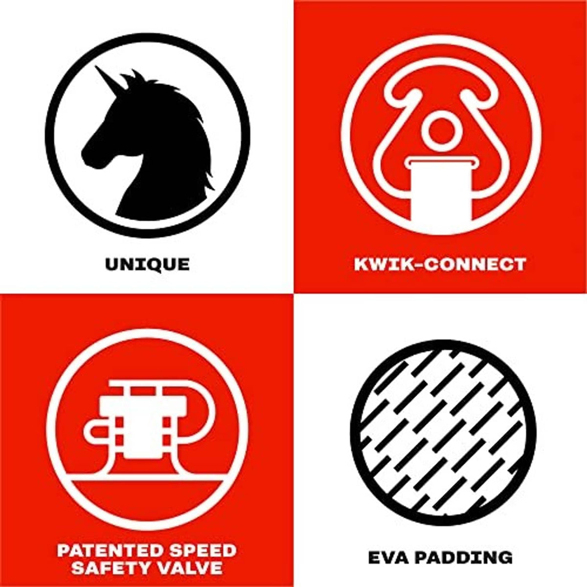 Towable tube feature icons: Unique, Kwik-Connect, Patented speed safety valve, EVA padding