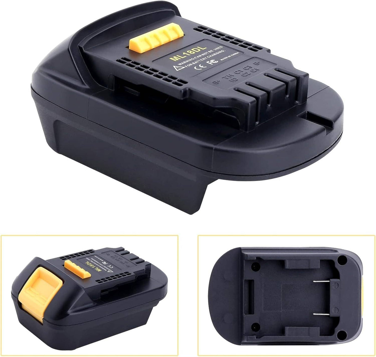 Black ML18DL battery adapter with yellow release buckle and contact connector slots