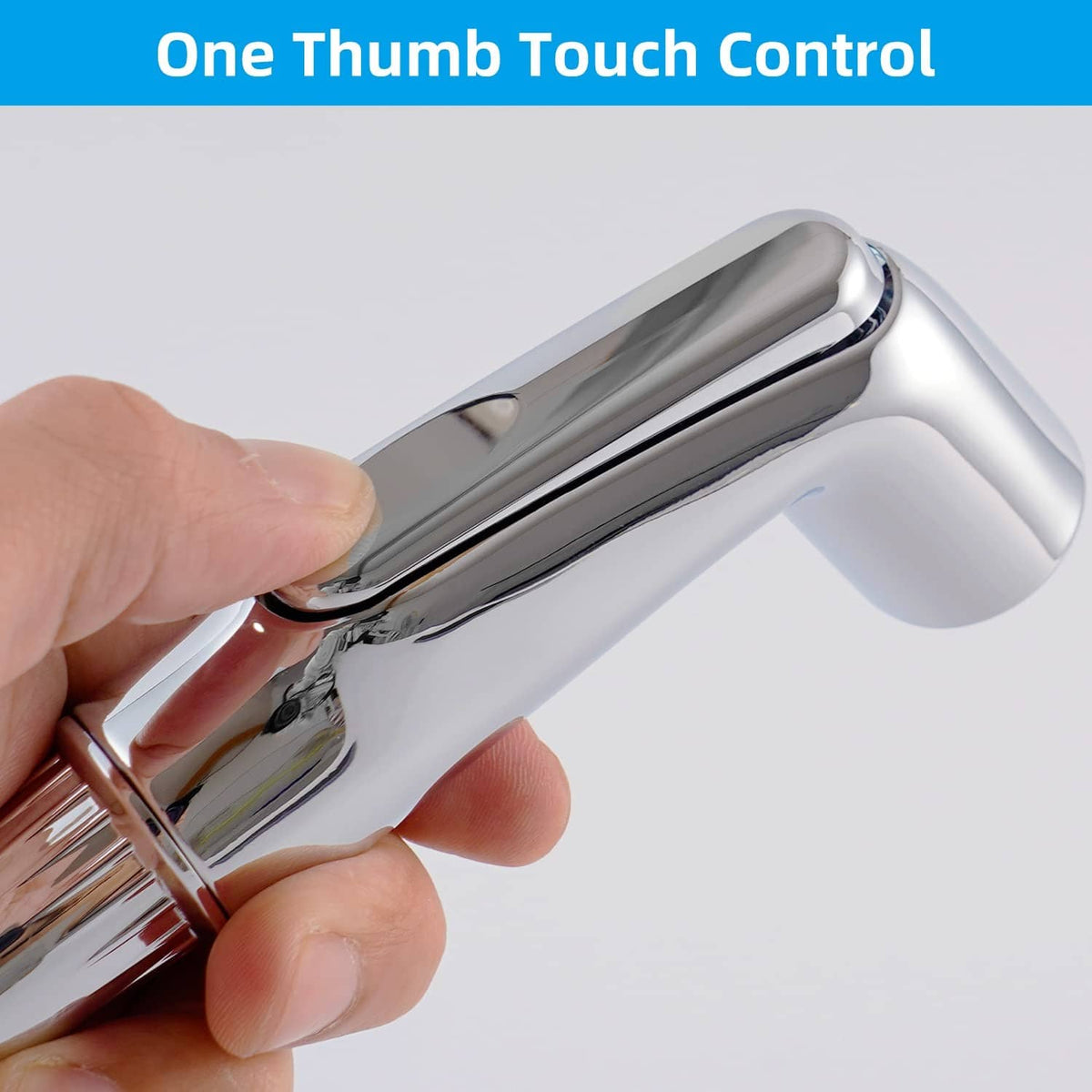 Chrome kitchen sink sprayer head with one-thumb touch control and angled nozzle