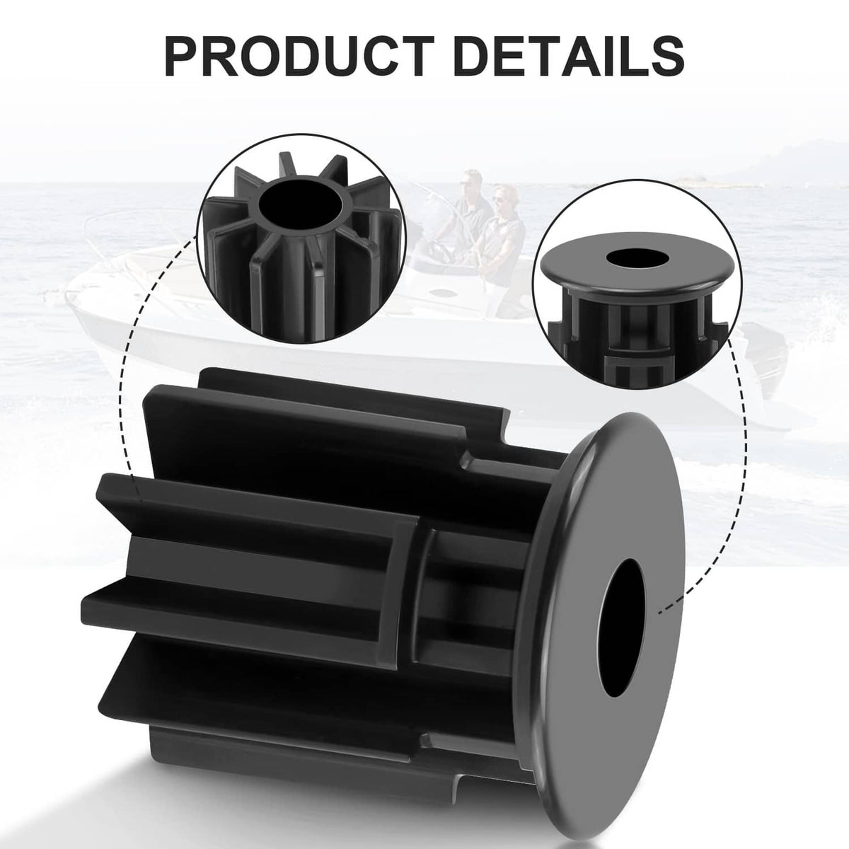 Black rod bushing adapter with side tabs and circular opening, front view