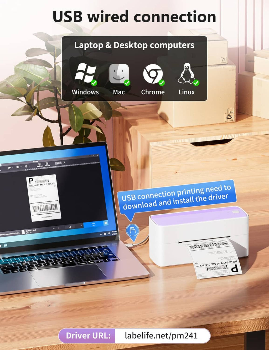 Purple Phomemo 241BT 4x6 Bluetooth thermal label printer with printed label
