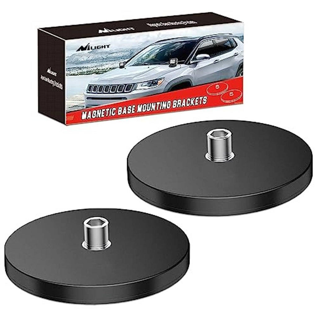 Magnetic base mounting brackets with two round black pads and retail box