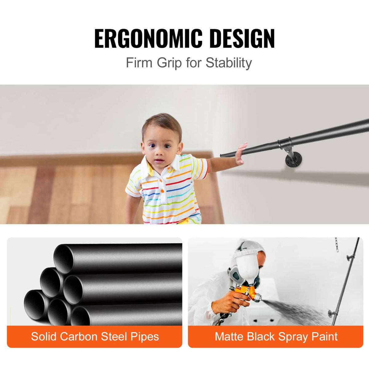 Matte black carbon steel stair handrail with firm grip pipe and round wall mounts