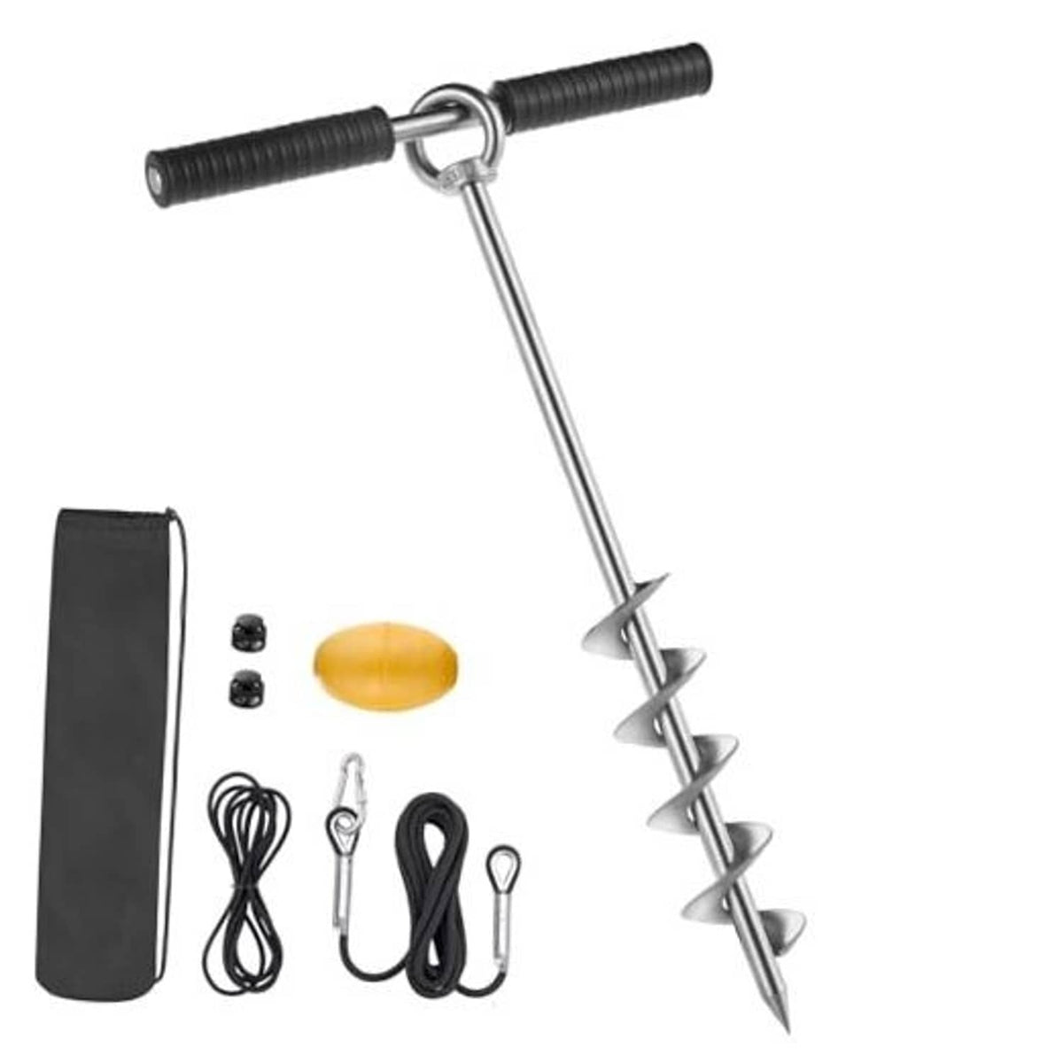 Screw sand anchor set with black handle grip, stainless spiral stake, and storage bag