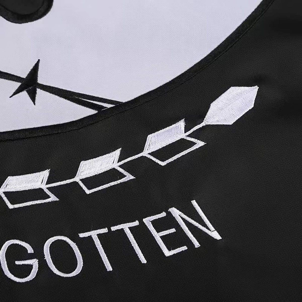 Black fabric close-up of POW*MIA emblem embroidery and stars