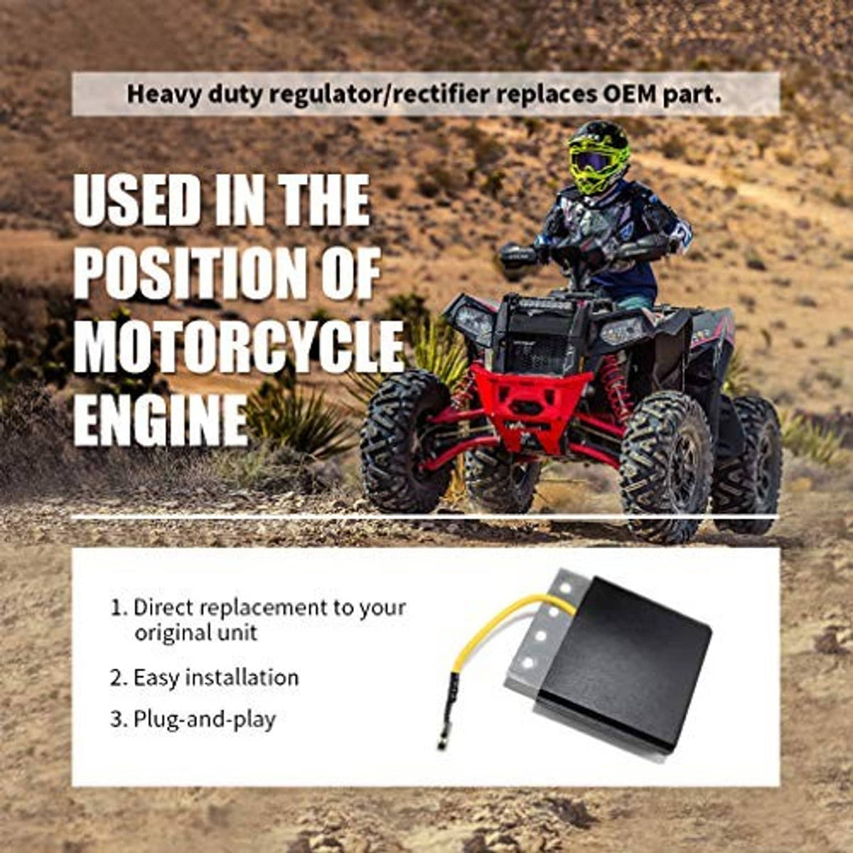 Voltage regulator rectifier with black body, metal mounting plate, and yellow wire lead