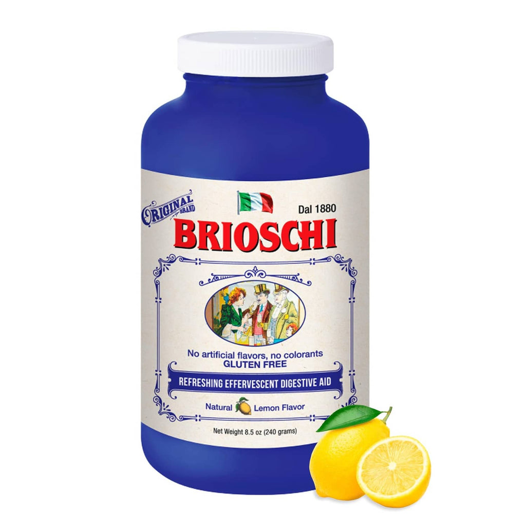 Brioschi lemon flavored effervescent beverage mix bottle with lemon slices