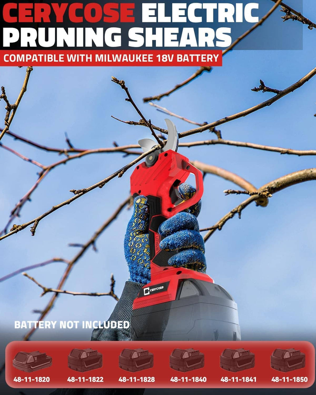 Red cordless electric pruning shears with branch cutting head and battery compatibility