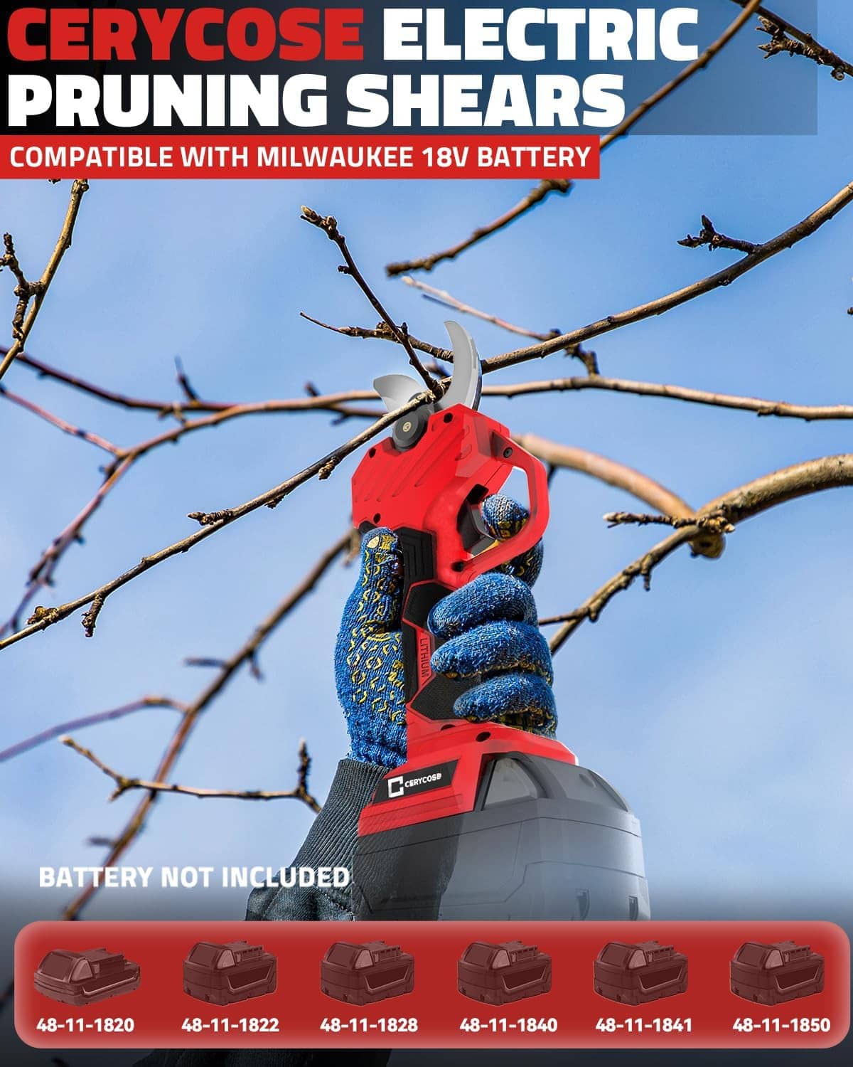 Red cordless electric pruning shears with branch cutting head and battery compatibility