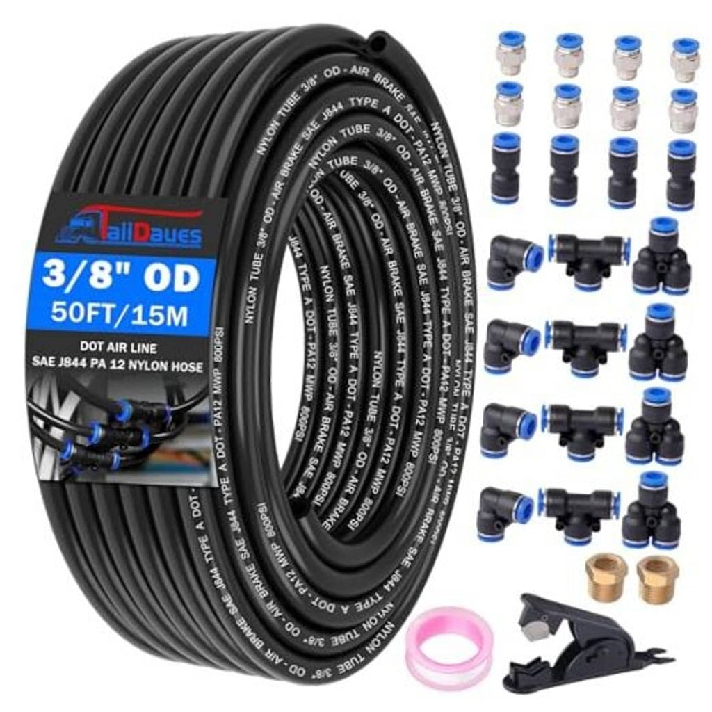 Air line tubing kit with 3/8 in OD black nylon hose coil and blue push fittings