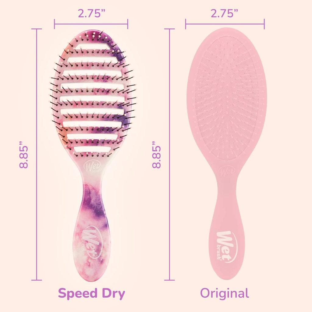 Pink vented paddle hairbrush shown from front and back with curved ergonomic handle
