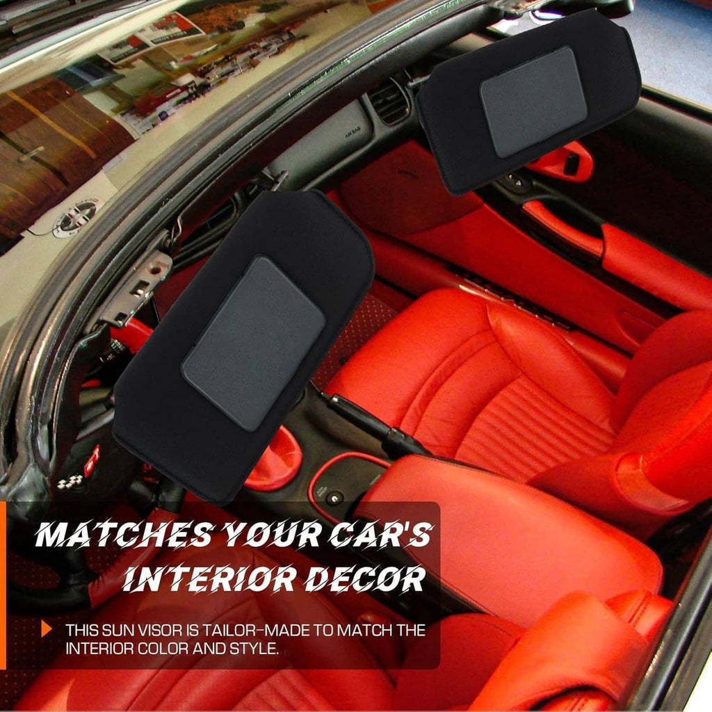Black sun visors with tinted cover panels, fitted in car interior with red seats