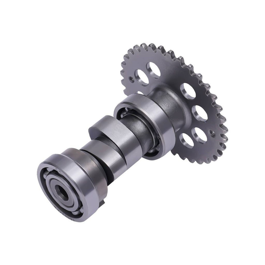Metal engine cam gear with shaft and mounting flange, silver finish
