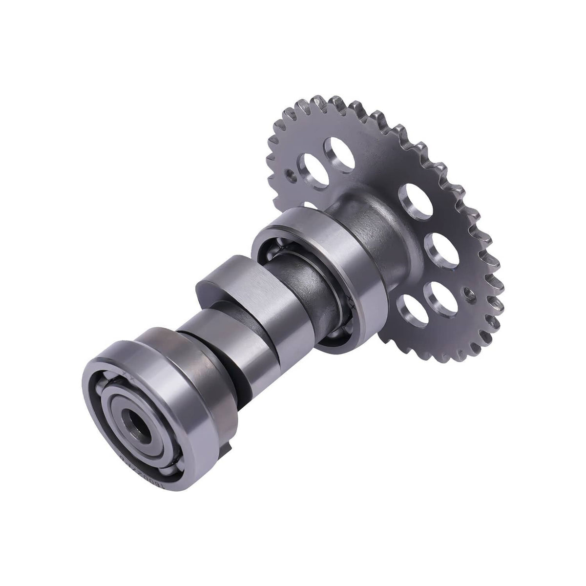 Metal engine cam gear with shaft and mounting flange, silver finish