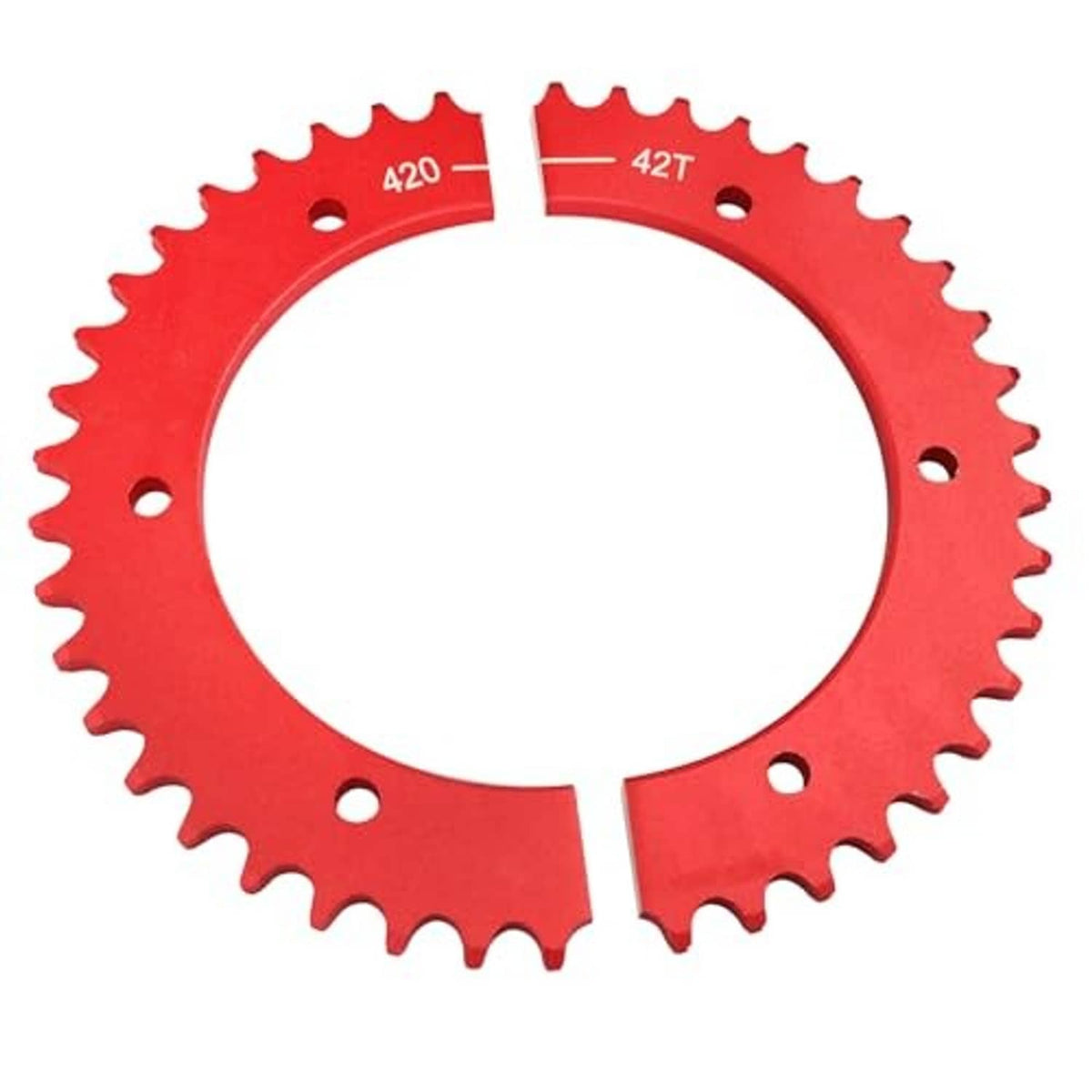 Red 420 chain 42T split sprocket gear with evenly spaced teeth and bolt holes
