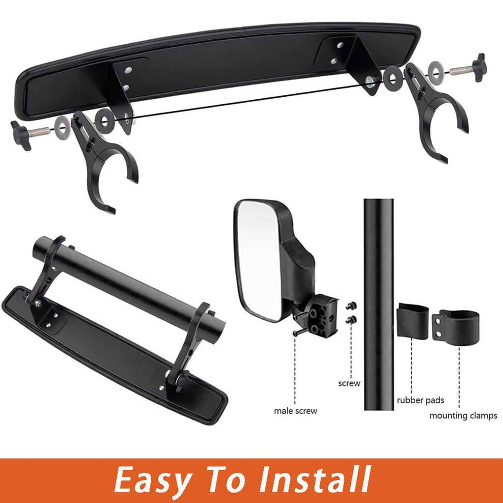 UTV mirror installation parts, wide center bar, side mirrors, clamps, and screw hardware