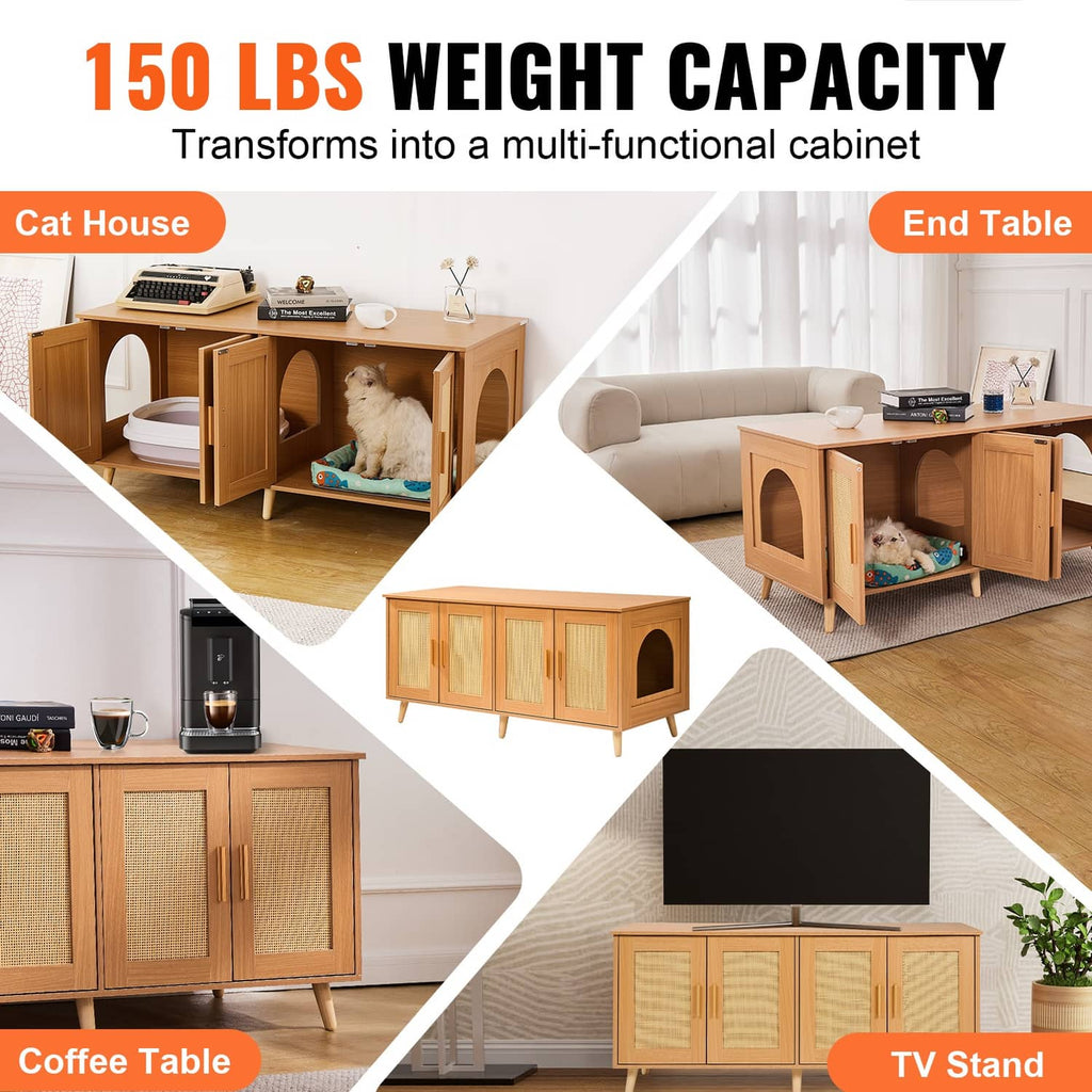Wooden cat litter box furniture enclosure with multiple door styles and arched entry