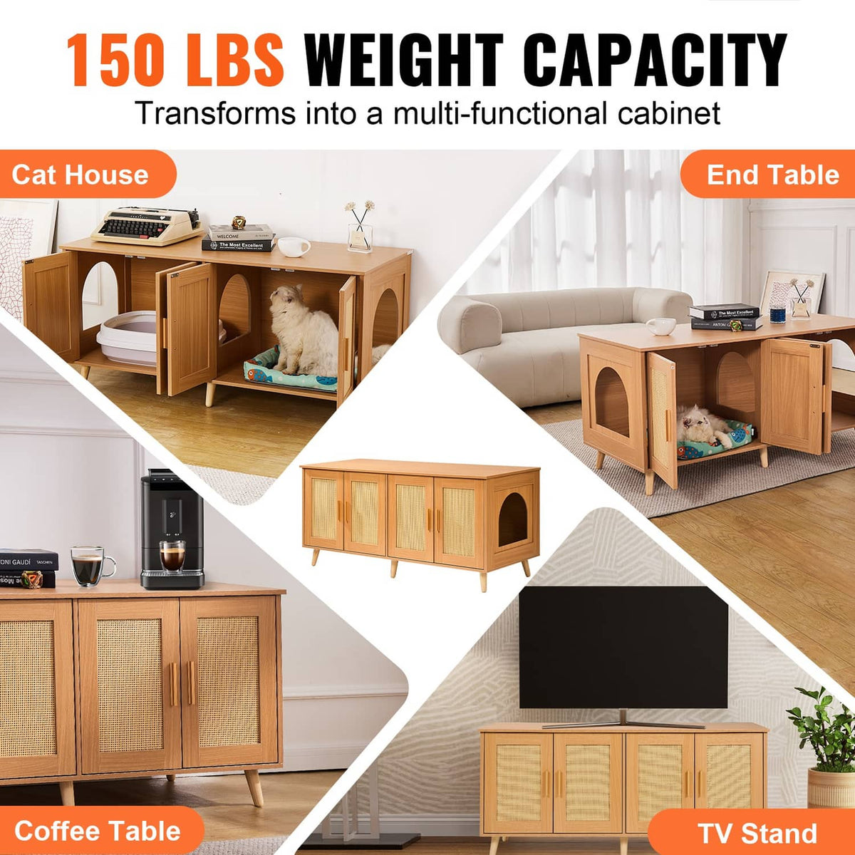Wooden cat litter box furniture enclosure with multiple door styles and arched entry
