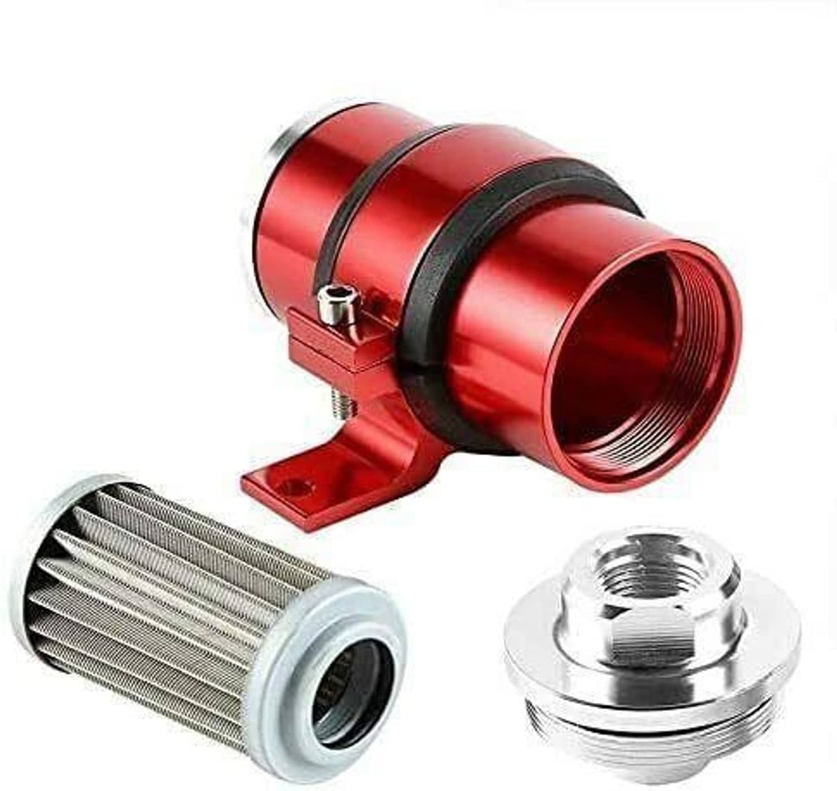 Red inline fuel filter canister on red bracket with silver threaded outlet and fittings