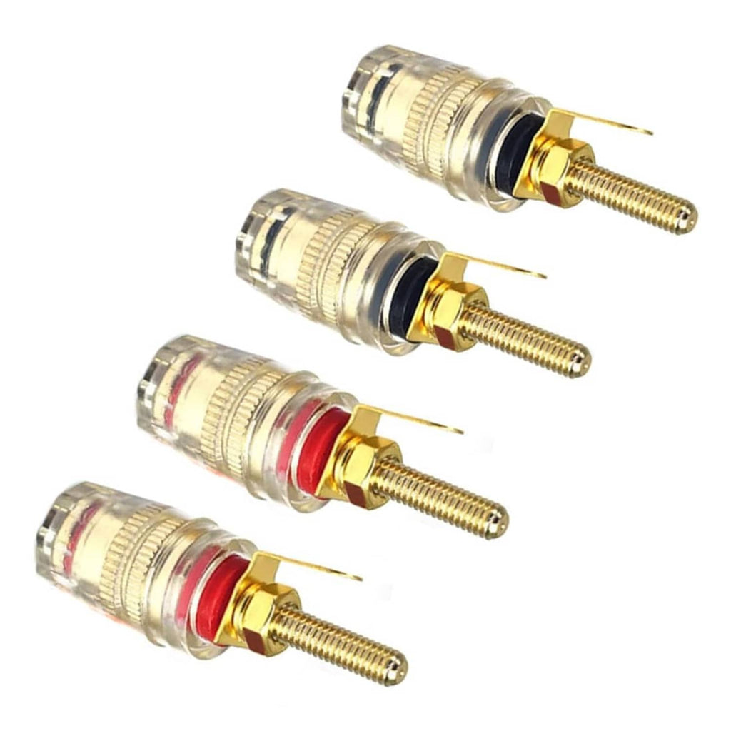 Gold plated banana plug binding posts with red and black insulators, angled view of four