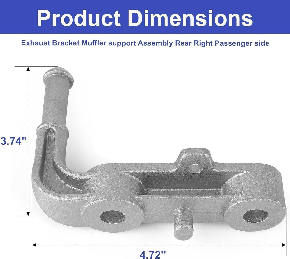 Rear right passenger exhaust bracket with dimensions: silver support with curved arm and bolt holes.
