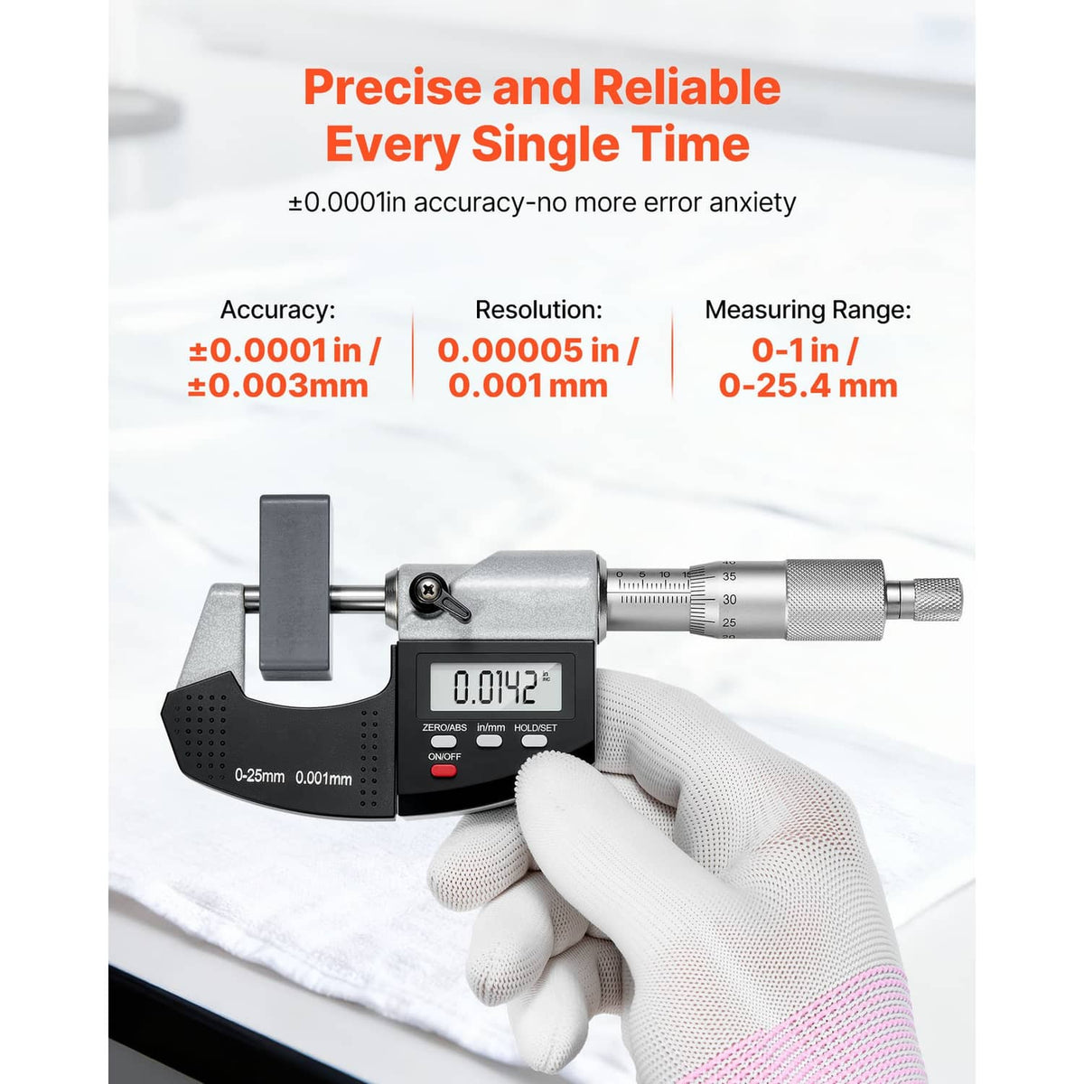 Digital micrometer held in a gloved hand, LCD readout visible