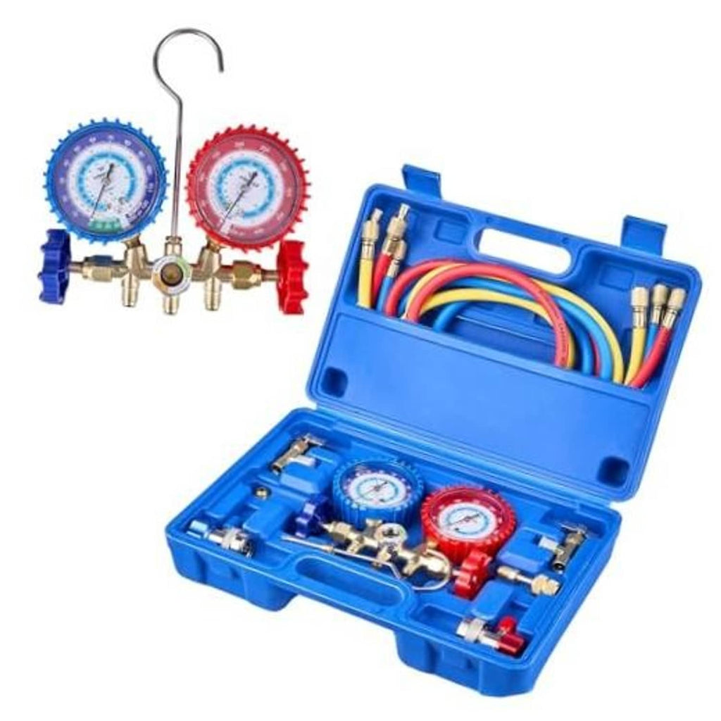 3-valve HVAC manifold gauge set with blue case, dual dials, and multicolor hoses
