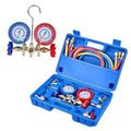 3-valve HVAC manifold gauge set with blue case, dual dials, and multicolor hoses