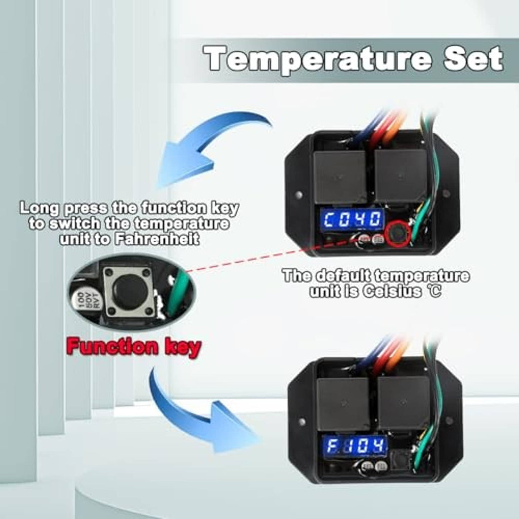 Digital thermatic fan switch controller with LED temperature readout and push-button function key