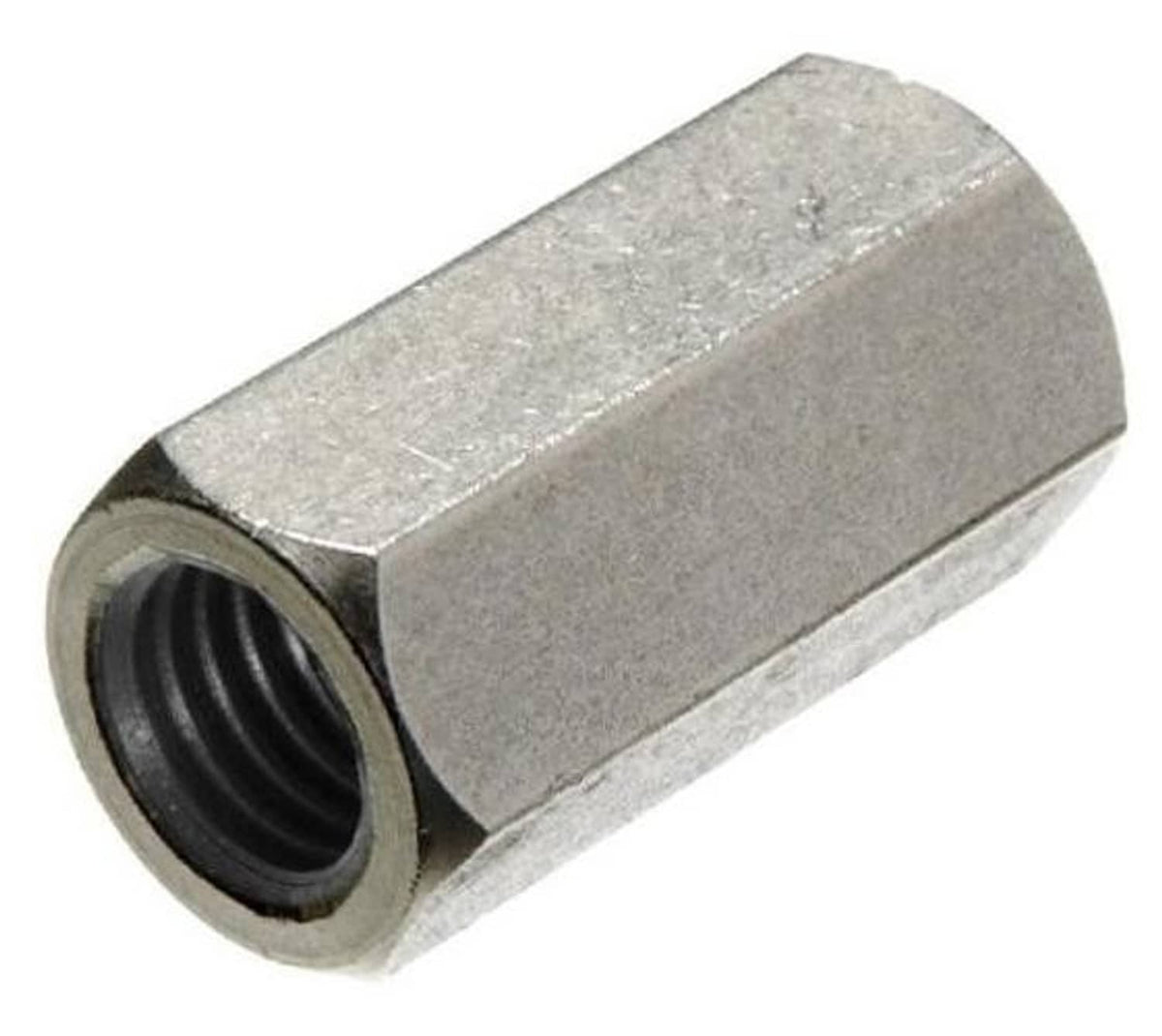 Stainless steel coupling nut with internal threads, hex-style exterior