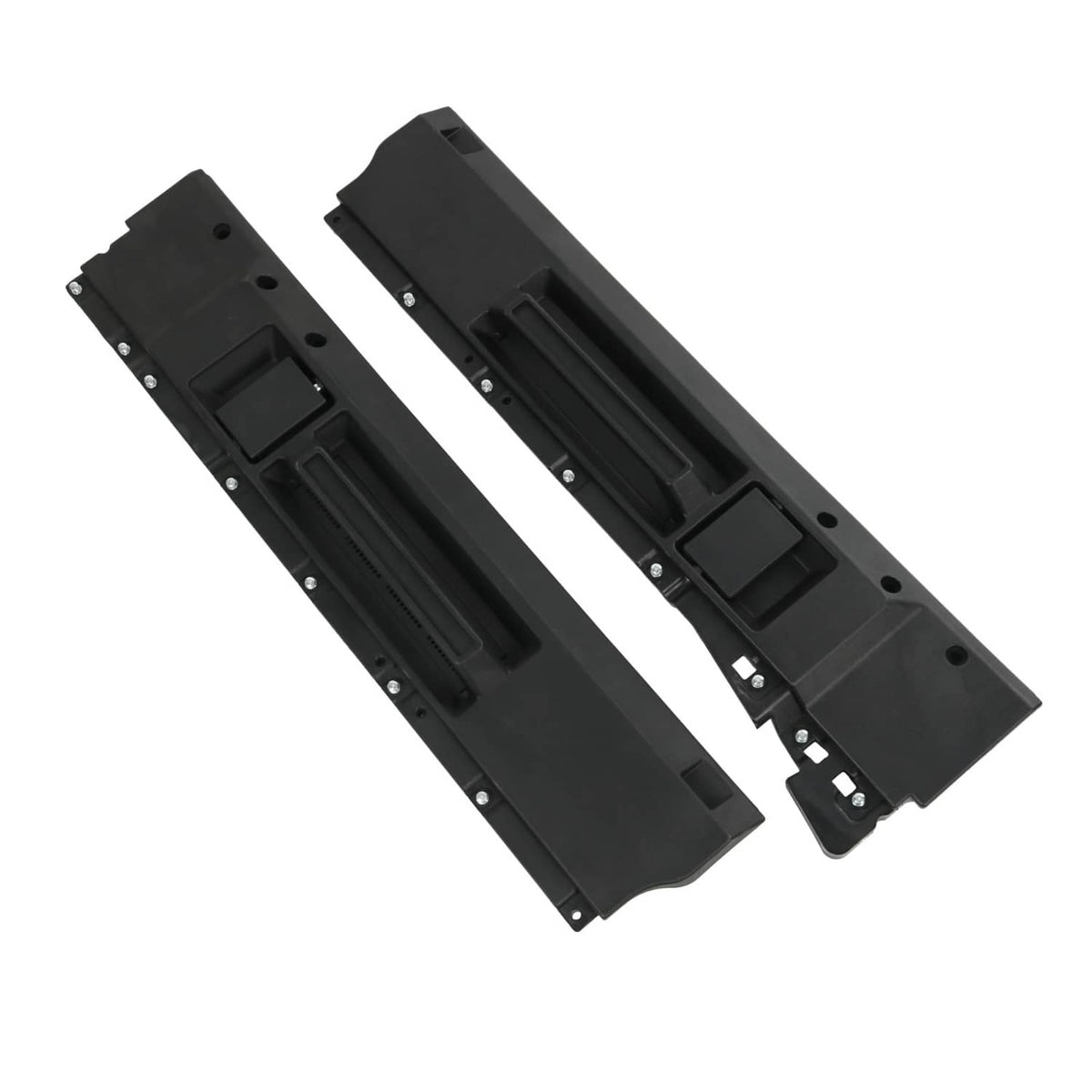 Black interior door handle trim plates with rectangular openings and mounting rivet points