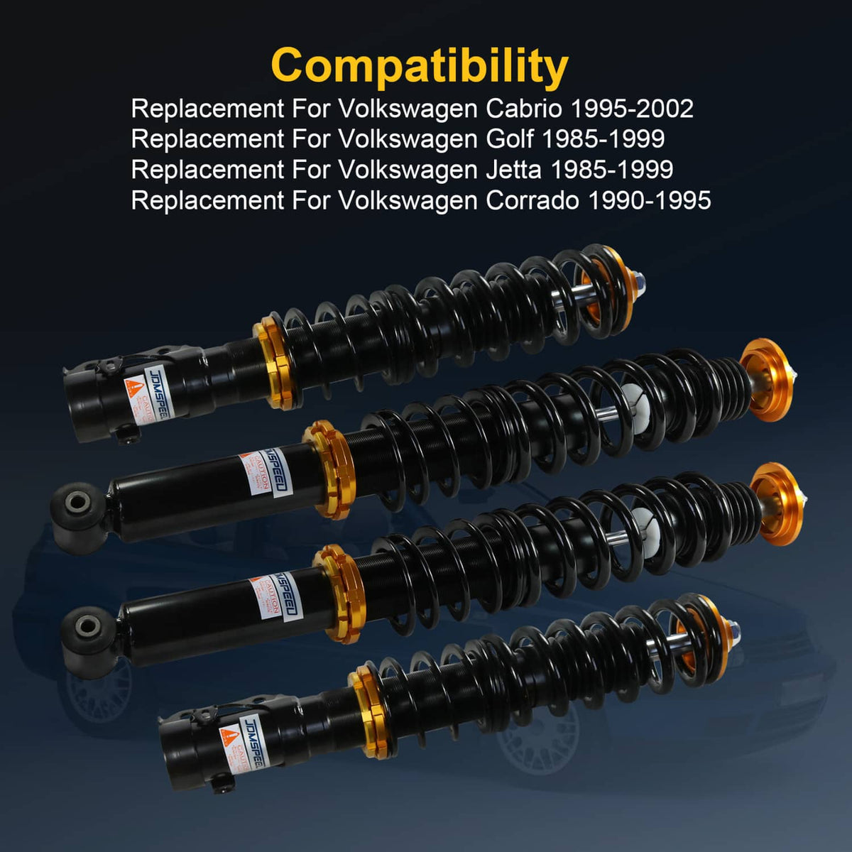 Set of coilover struts with black springs and gold mounting hardware