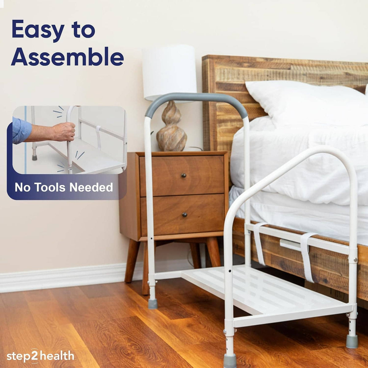White bed step stool beside a bed, easy-to-assemble design with no tools
