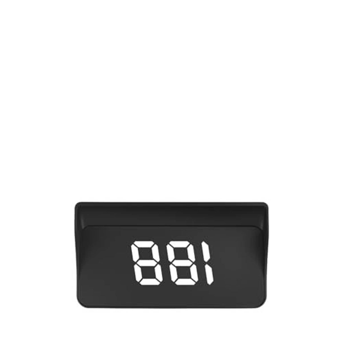 Car HUD display with large white segmented digits on dark screen, front view