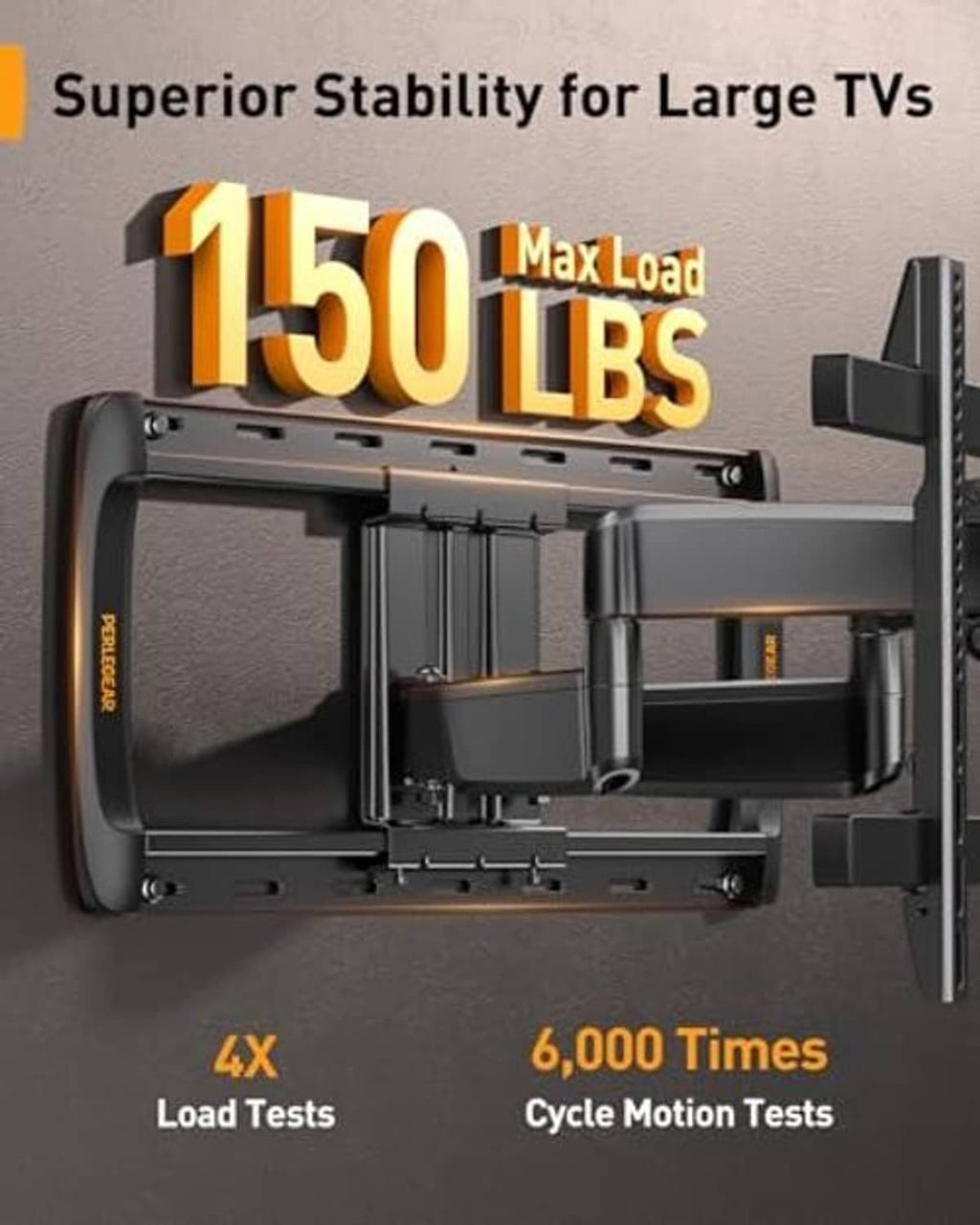 Heavy-duty TV wall mount with 150 lb max load and reinforced support arms