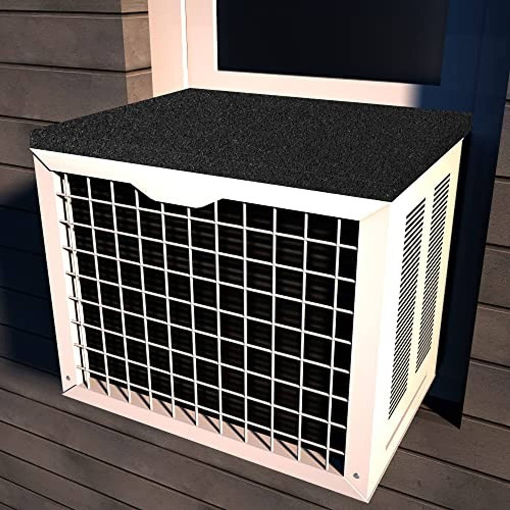 Black flat AC drip cushion on top of a window air conditioner grille.