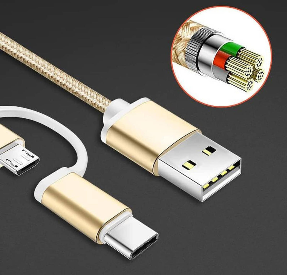 Gold USB charging cable with braided sheath and metal connector end, close-up detail