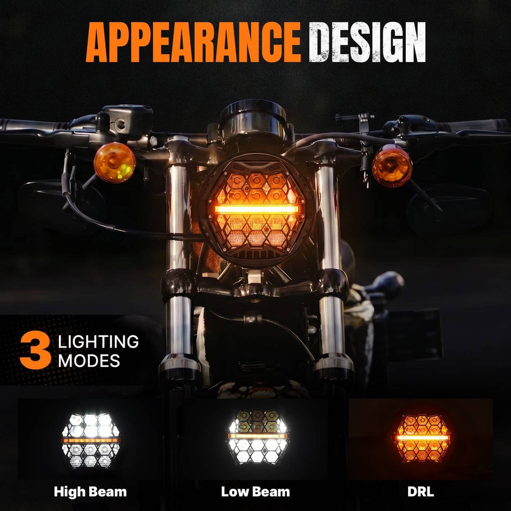 LED motorcycle headlight with 3 lighting modes: high beam, low beam, and DRL