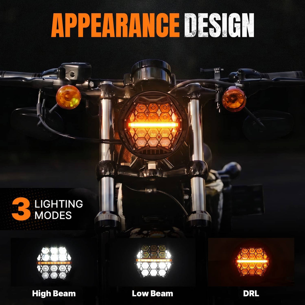 LED motorcycle headlight with 3 lighting modes: high beam, low beam, and DRL
