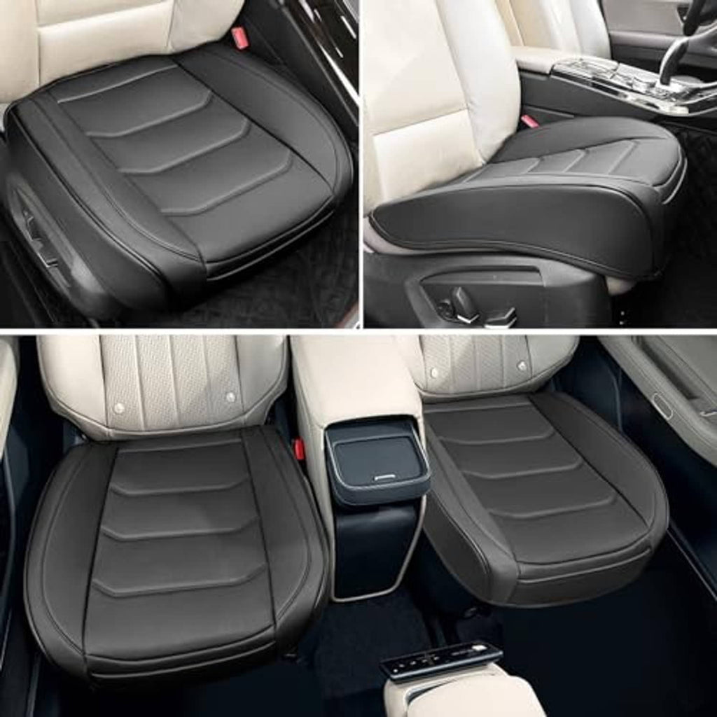 Black front car seat cover set with contoured cushions and armrest cover piece