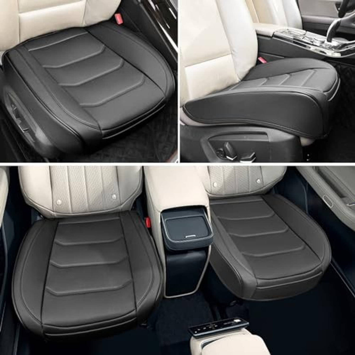 Black front car seat cover set with contoured cushions and armrest cover piece
