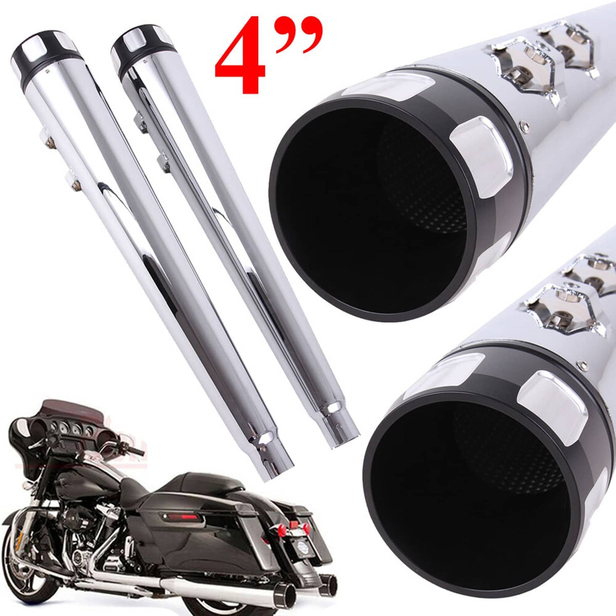 Chrome megaphone slip-on exhaust mufflers pair with black end caps and mounting straps