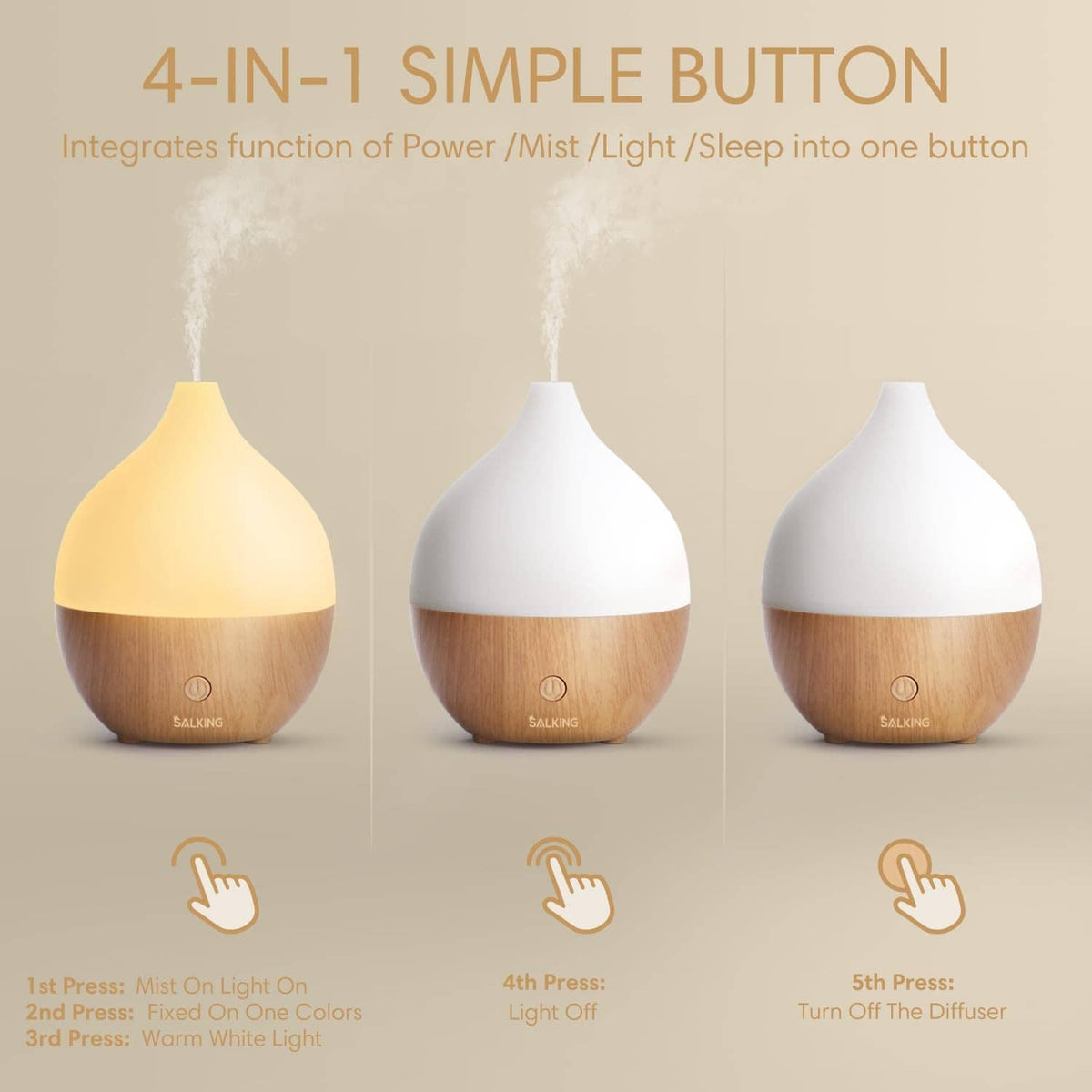 Three droplet essential oil diffusers in different light colors for one-button control