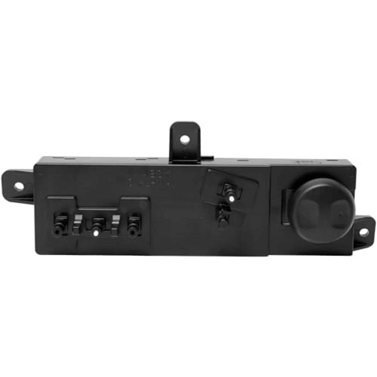 Black driver-side power seat switch with mounting holes and side knob