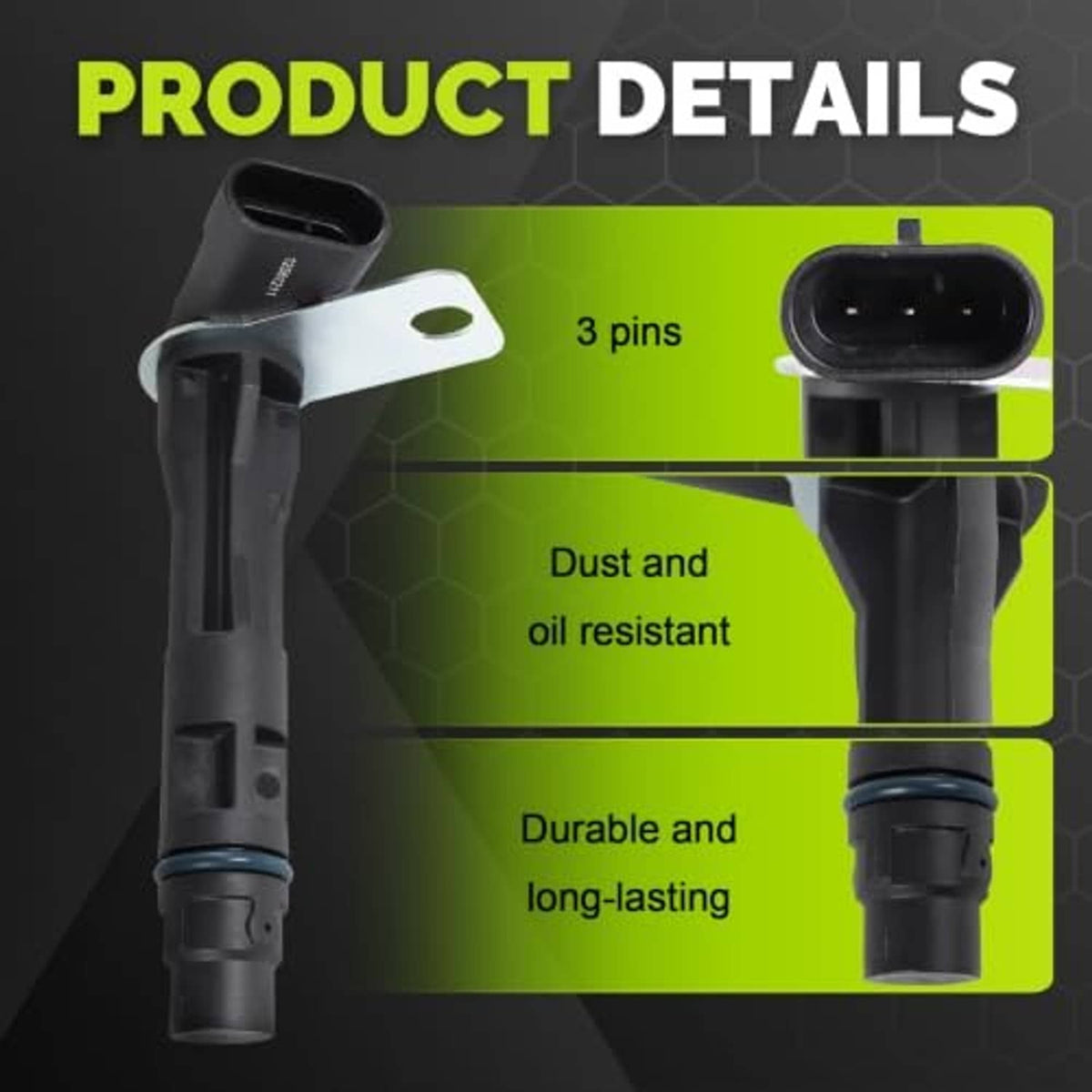 3-pin camshaft position sensor with metal bracket, dust- and oil-resistant